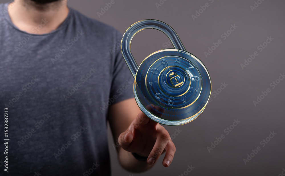 Aufkleber Secure your data! Image of a man interacting with a holographic padlock, symbolizing digital security and protection.