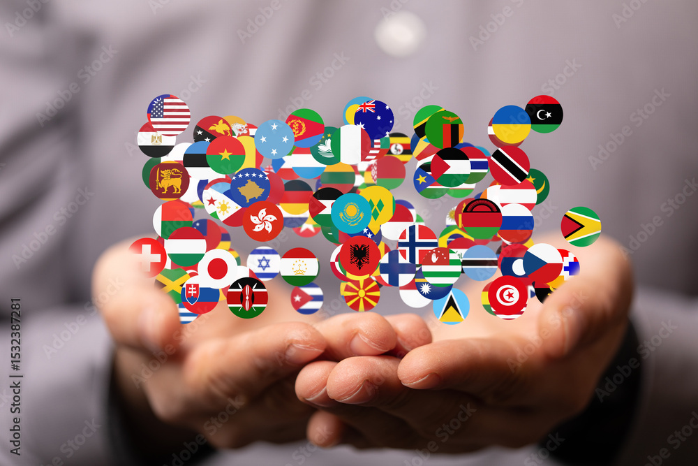 Aufkleber Image of hands holding a network of flags representing global connection and international collaboration.