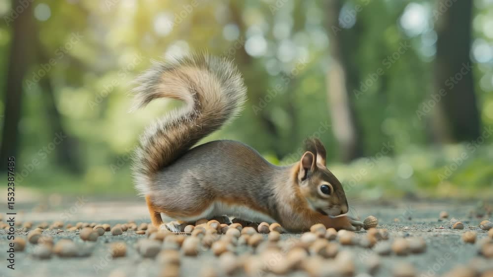 Poster a lively squirrel enjoys a delightful feast of nuts scattered on the ground while surrounded by lush