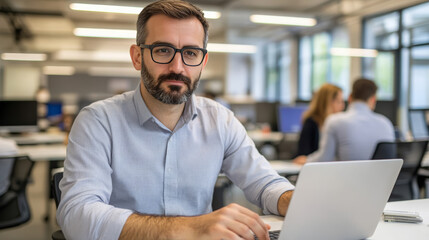 Obraz premium Young professional working on laptop in modern office space