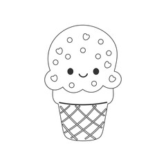 Cute ice cream cone vector for coloring, featuring a happy face and fun decorations, great for kids' art and creative worksheets.