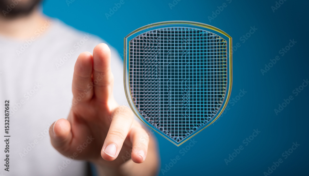 Poster hand reaching for a digital shield, symbolizing cybersecurity and data protection.