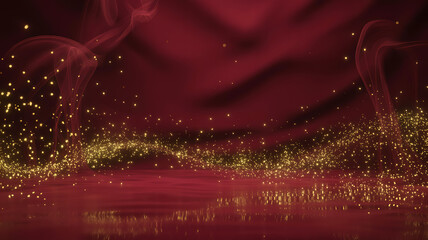 Luxurious red velvet background with floating golden sparkles and ethereal smoke in magical festive ambiance