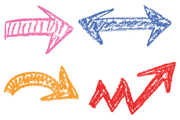 Colorful hand drawn arrows with chalk and wax crayon texture. A playful set of sketchy directional symbols. Rough lines and bold shapes