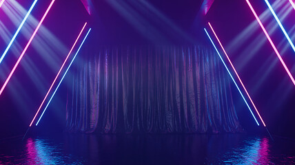 Futuristic stage with closed metallic curtains and diagonal neon pink and blue lights in dramatic nightclub setting