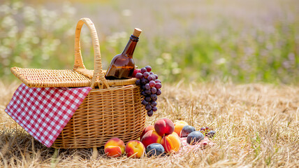 Summer picnic scene with wicker basket, wine bottle, grapes and fresh fruit on dry grass in sunny meadow