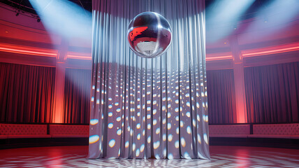 Retro dance floor with disco ball reflections on silver curtains and red ambient lighting in circular nightclub interior
