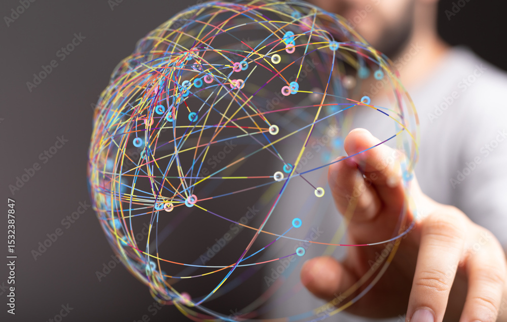 Poster Abstract image of a hand interacting with a digital sphere representing global networking and connections.