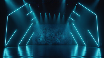 Futuristic dark room with glowing blue neon light lines and reflective floor in abstract sci-fi interior