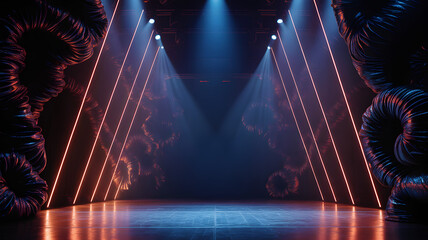 Futuristic sci-fi stage with dramatic red neon lights and abstract black coiled structures under spotlights