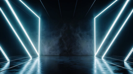 Futuristic dark room with glowing blue neon light lines and reflective floor in abstract sci-fi interior