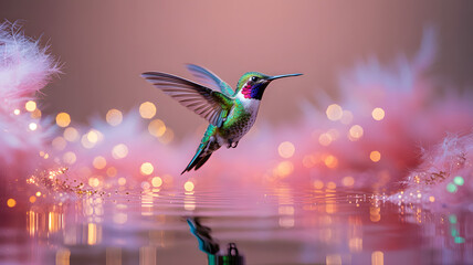 Hummingbird in flight above pink feathers and glowing bokeh reflected on calm water in dreamy pastel scene