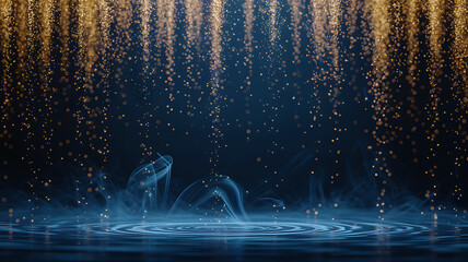 Golden rain of glowing particles falling through dark smoke in elegant abstract celebration background