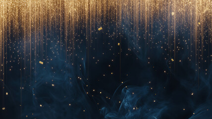 Golden rain of glowing particles falling through dark smoke in elegant abstract celebration background