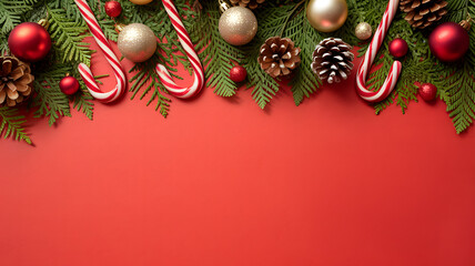 Christmas border with festive candy canes, ornaments, pine cones and evergreen branches on red background