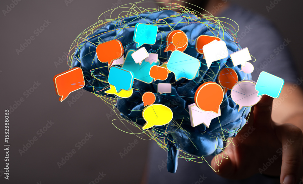 Poster Abstract image of a brain with colorful speech bubbles, representing communication, ideas, and thought processes.