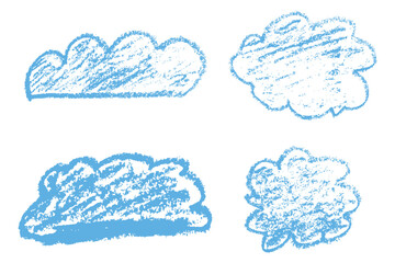 Colorful hand drawn clouds with chalk and wax crayon texture. A playful set of sketchy shape. Rough lines and bold shapes