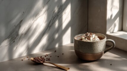 A stylish, minimalistic flat lay featuring a rustic ceramic mug filled with a creamy beverage, likely hot chocolate or coffee, topped with whipped cream and chocolate sprinkles. 