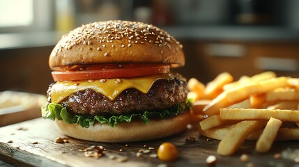 Juicy burger with melted cheese, fresh tomato, and crisp lettuce, served with golden fries on a rustic wooden board.