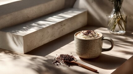 A stylish, minimalistic flat lay featuring a rustic ceramic mug filled with a creamy beverage, likely hot chocolate or coffee, topped with whipped cream and chocolate sprinkles. 