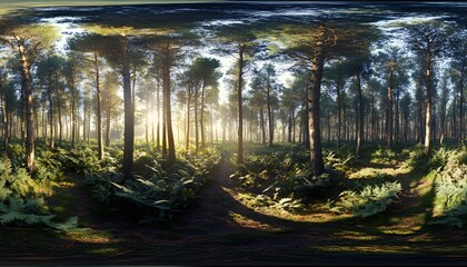 Sunbeams pierce a dense forest canopy.