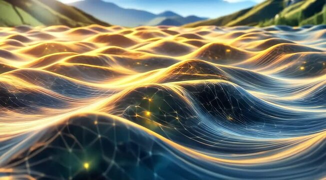  A 3D grid shifting into flowing waves, with geometric patterns emerging from each wave crest