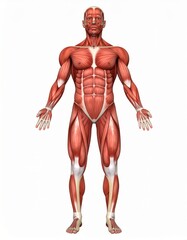 Male muscles skinless 3D model for anatomy class, over white background, no shadow