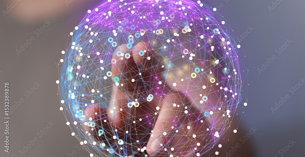 Poster Hand interacting with a digital globe, representing global network, connectivity, and data interaction.