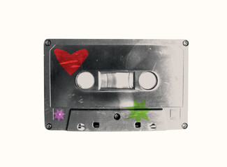 Vintage halftone music retro cassette tape. Karaoke collage with old audio equipment in photocopy effect. Nostalgic grunge disco element for sing poster, podcast, party. Trendy isolated dotted vector.