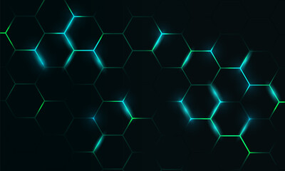 Dark hexagon abstract technology background with blue and green colored bright flashes under hexagon. Hexagonal gaming vector tech illustration black abstract background.