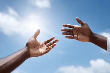 Hands reaching towards each other against a bright blue sky conveying connection and support