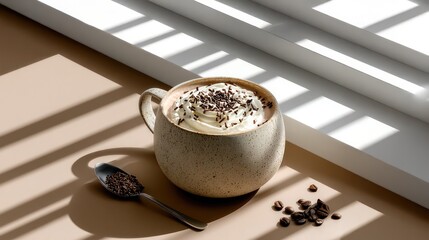 A stylish, minimalistic flat lay featuring a rustic ceramic mug filled with a creamy beverage, likely hot chocolate or coffee, topped with whipped cream and chocolate sprinkles. 