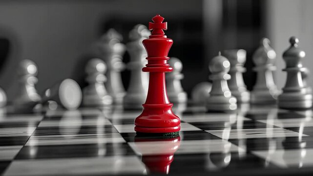 A bold red king stands out on a classic black and white chessboard, embodying the essence of rivalry in a strategic match