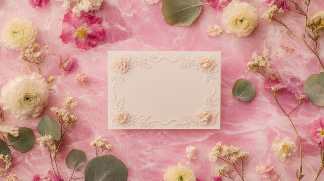 Floral Card on Pink Marble Background with Flowers and Eucalyptus
