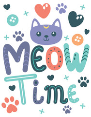 Cute Meow Time cat illustration with colorful letters and paw prints