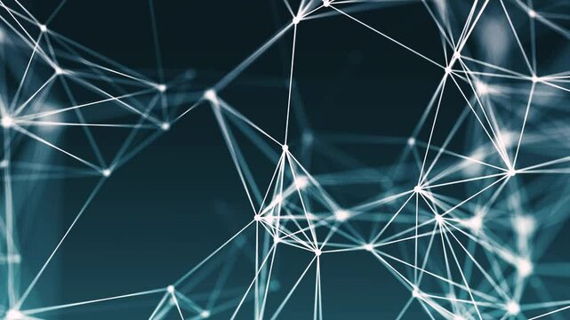 Abstract network of interconnected points and lines, creating a complex geometric design against a dark teal background.