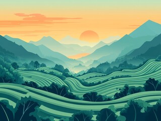 Flat illustration of terraced fields at sunset.  It shows Chinese farmland, tea plantations, and mountains.  A simple cartoon landscape of an Asian agricultural area.
