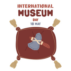 International Museum Day on May 18. prehistoric tool on a cushion with tassels. Flat color illustration for use in posters, articles, and social media related to science and history. banner