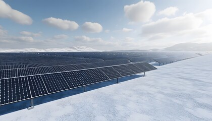 Solar panels on a snowy landscape.