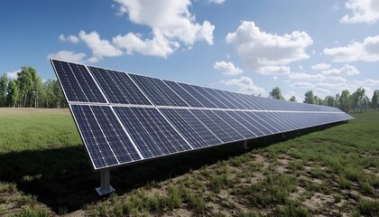 Long row of solar panels on a grassy field under a partly cloudy sky.