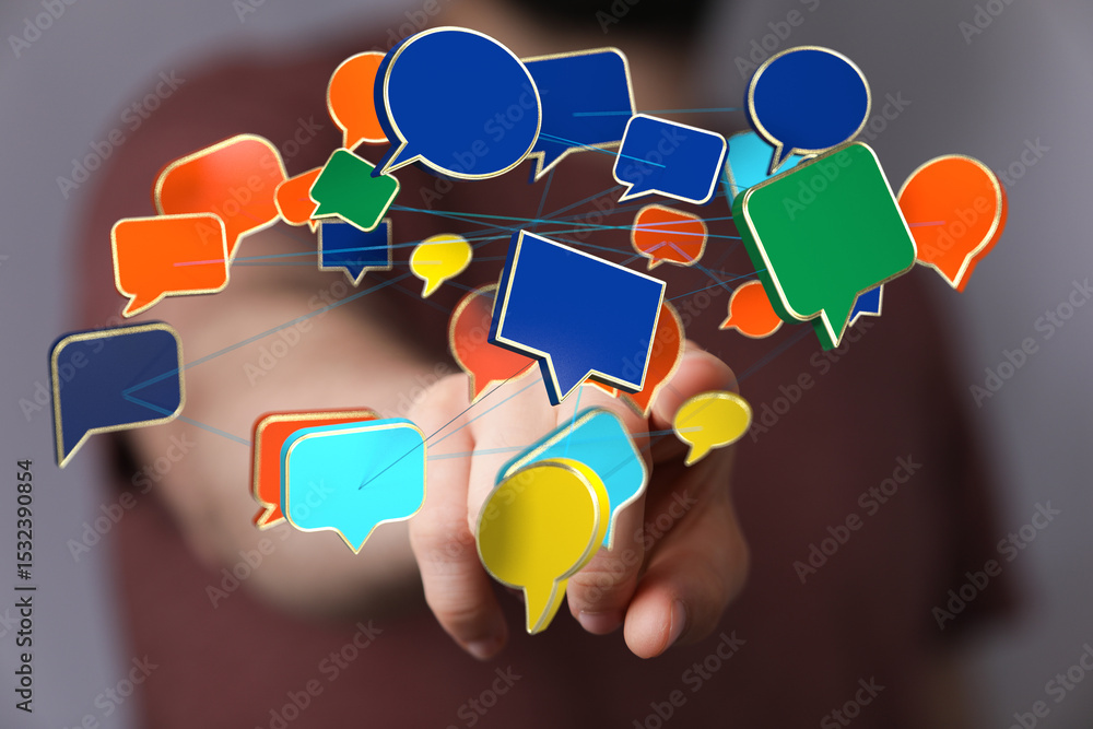 Poster Abstract image of interconnected speech bubbles, representing communication and networking.