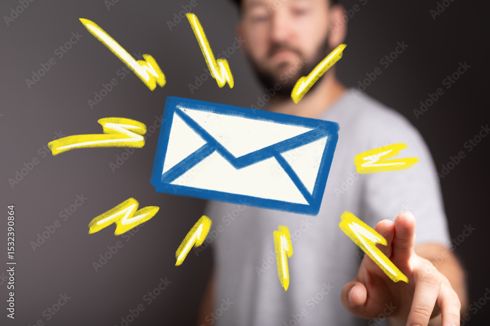 Aufkleber Email notification concept. Man interacts with a digital email icon. Fast and efficient communication.