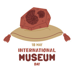 International Museum Day on May 18. fossil of a prehistoric shell on a pillow. Flat color illustration for use in posters, articles, and social media related to science and history. Square banner