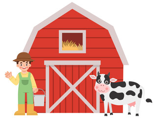 Illustration of farmer with cows in front of barn © Heyauli 