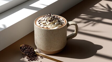 A stylish, minimalistic flat lay featuring a rustic ceramic mug filled with a creamy beverage, likely hot chocolate or coffee, topped with whipped cream and chocolate sprinkles. 