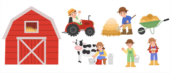 Farm set illustration with barn, farmer, animals, and farming tools.