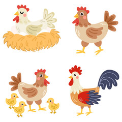 Cute chicken farm animal set illustration