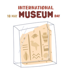 May 18 on International Museum Day. part of an Egyptian plate with hieroglyphs on stand under glass. Flat color illustration for use in posters, articles, social media, science and history. Square