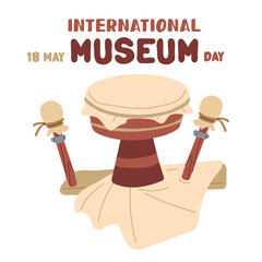 International Museum Day on May 18. An antique animal skin drum. Flat color illustration for use in posters, articles, and social media related to science and history. banner Square