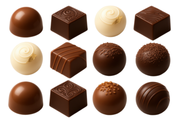 Assorted gourmet chocolates featuring truffles and squares with decorative swirls, gold leaf, and textured toppings.